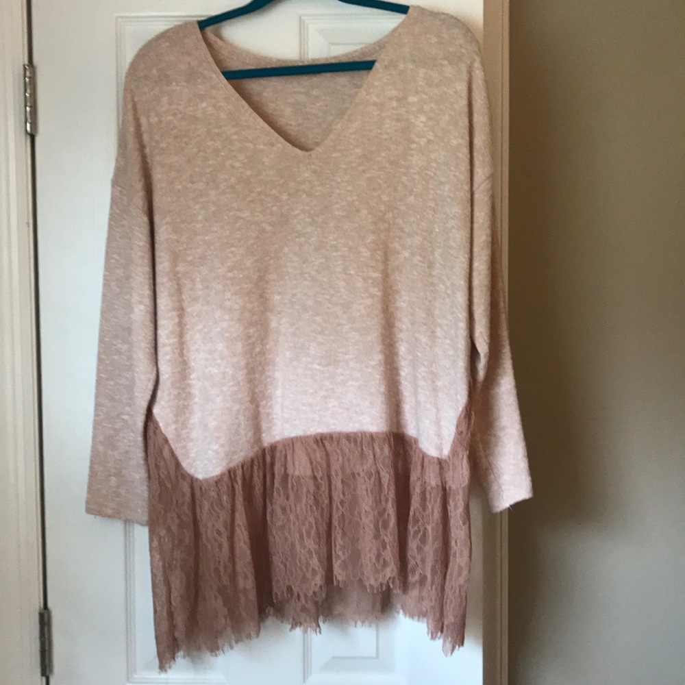 ZARA Soft Beige V neck Sweater with Lace